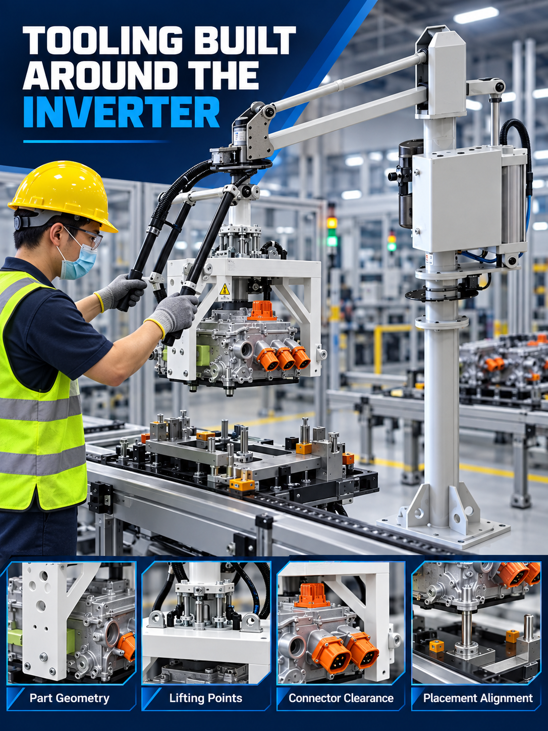 Custom inverter fixture designed around part geometry lifting points connectors and placement alignment