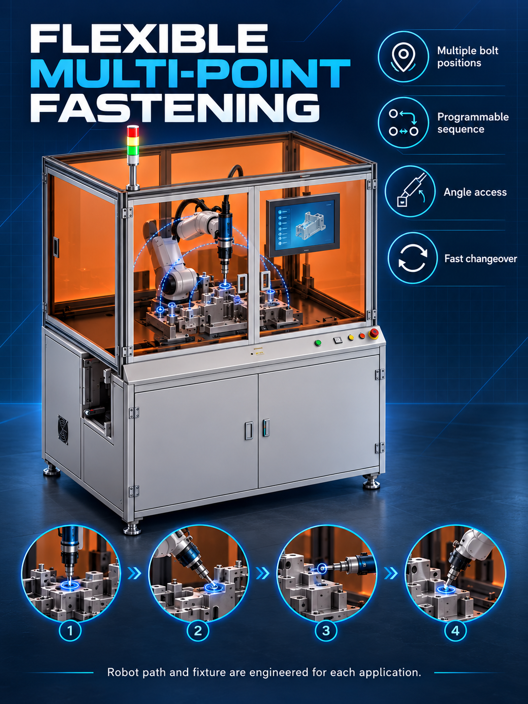 Flexible robot tightening for multiple bolt positions sequences and access angles