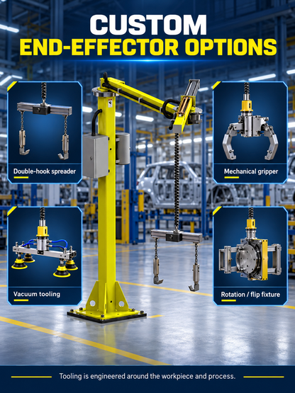 HB-RS custom end-effector options including double hook mechanical gripper vacuum tooling and flip fixture
