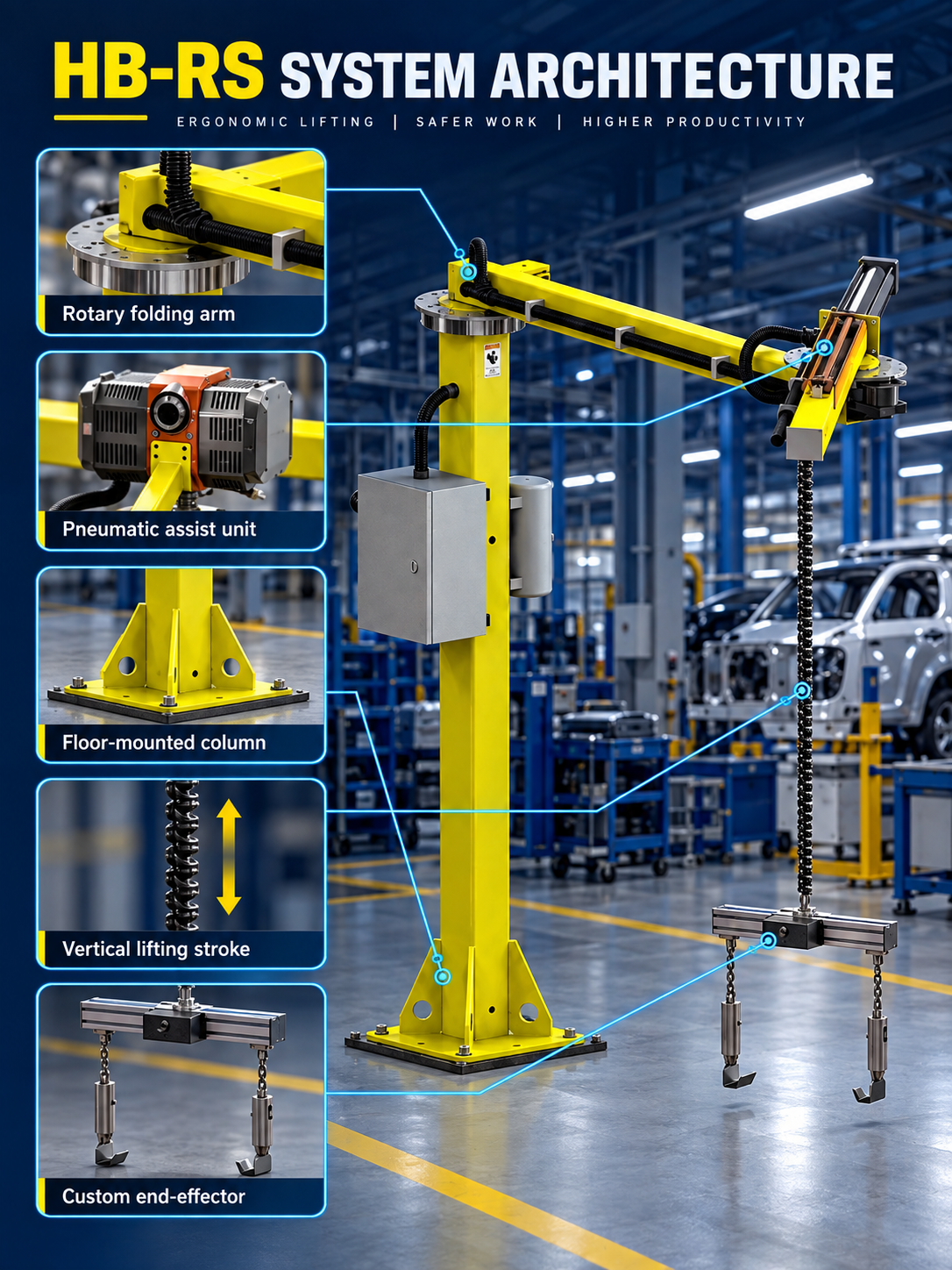 HB-RS manipulator architecture with floor-mounted column rotary folding arm pneumatic assist and custom end-effector