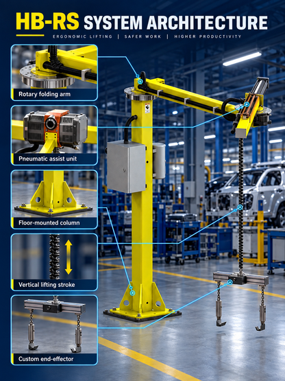 HB-RS manipulator architecture with floor-mounted column rotary folding arm pneumatic assist and custom end-effector