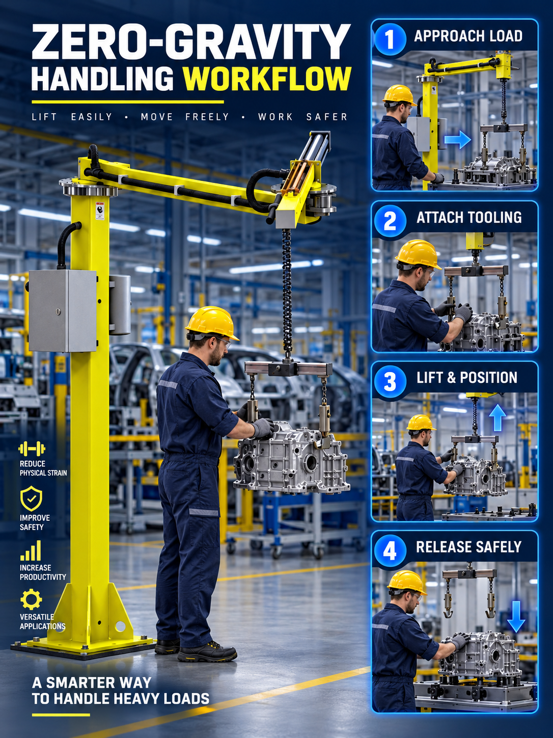 Operator-guided zero-gravity lifting and positioning workflow with HB-RS folding arm manipulator