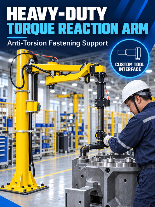 HB Torque heavy-duty torque reaction arm supporting an industrial nutrunner