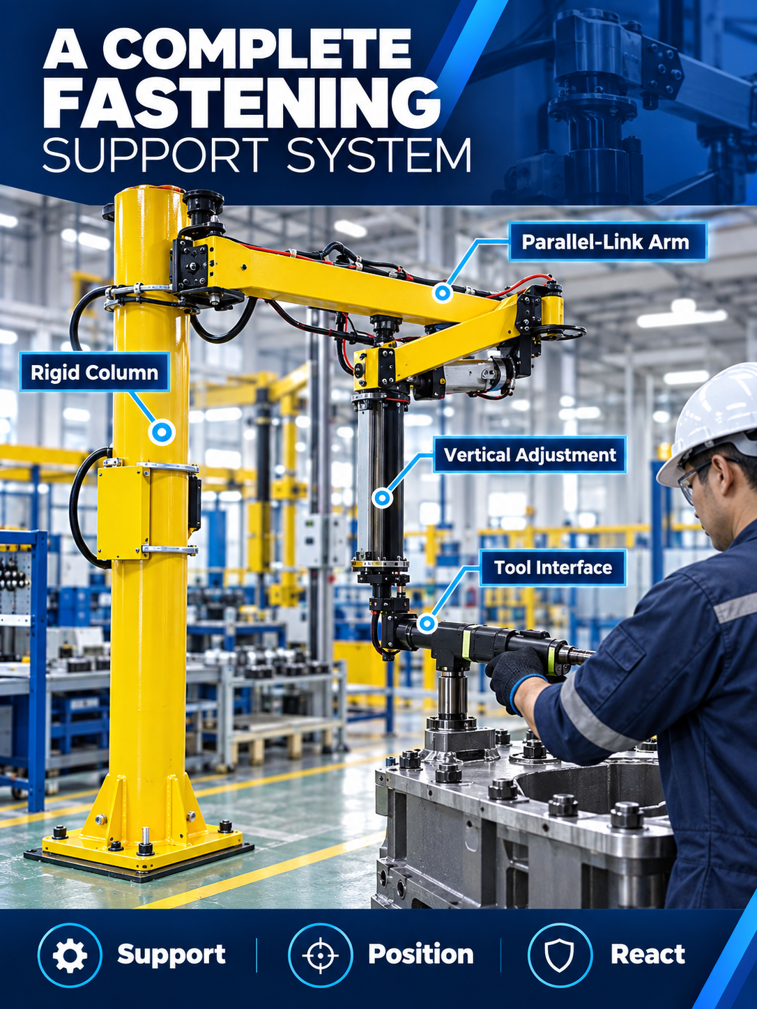 Complete anti-torsion fastening support system with column arm vertical adjustment and tool interface
