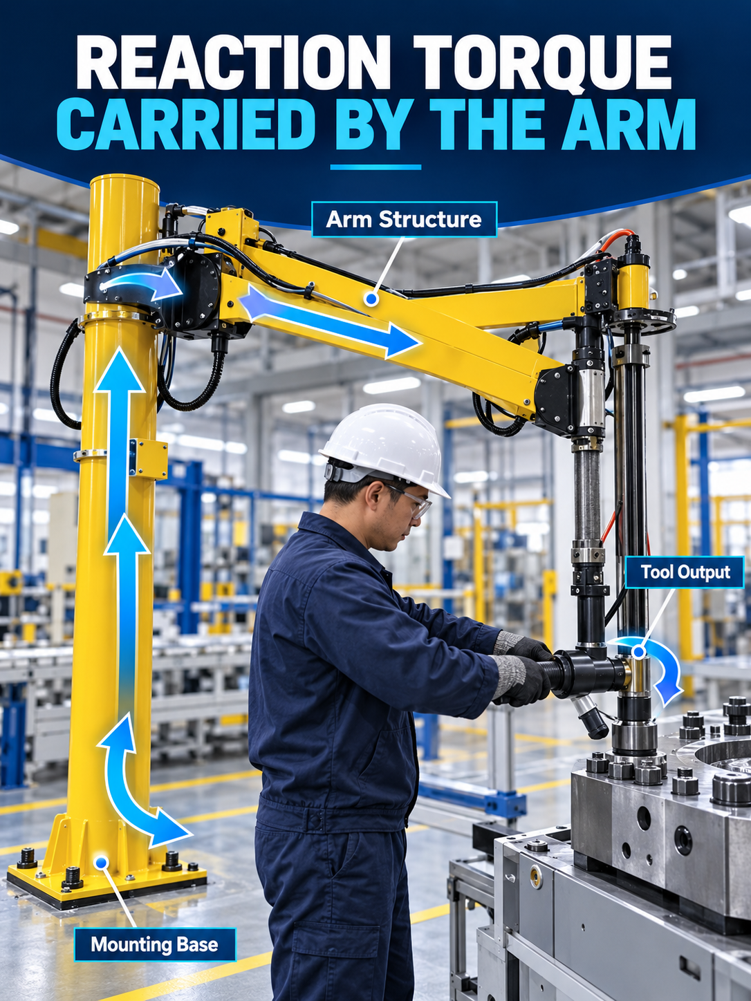 Reaction torque path transferred from tightening tool through the arm to the mounting base
