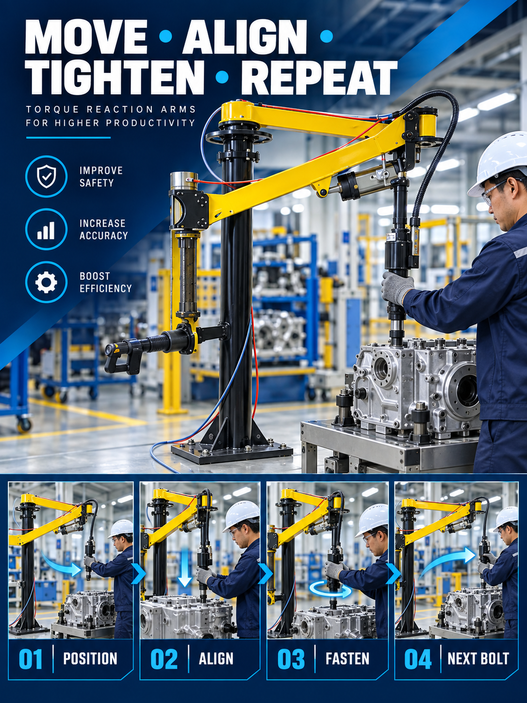 Industrial fastening workflow for positioning aligning tightening and moving to the next bolt