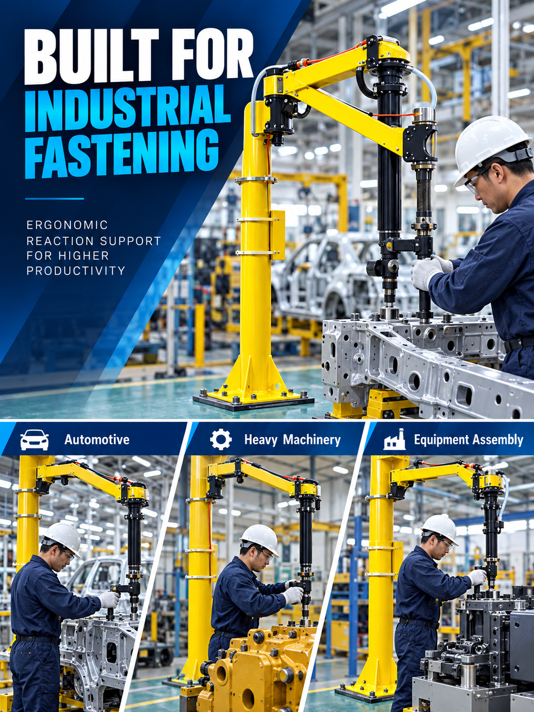 Heavy-duty torque reaction arm applications for automotive machinery and equipment assembly