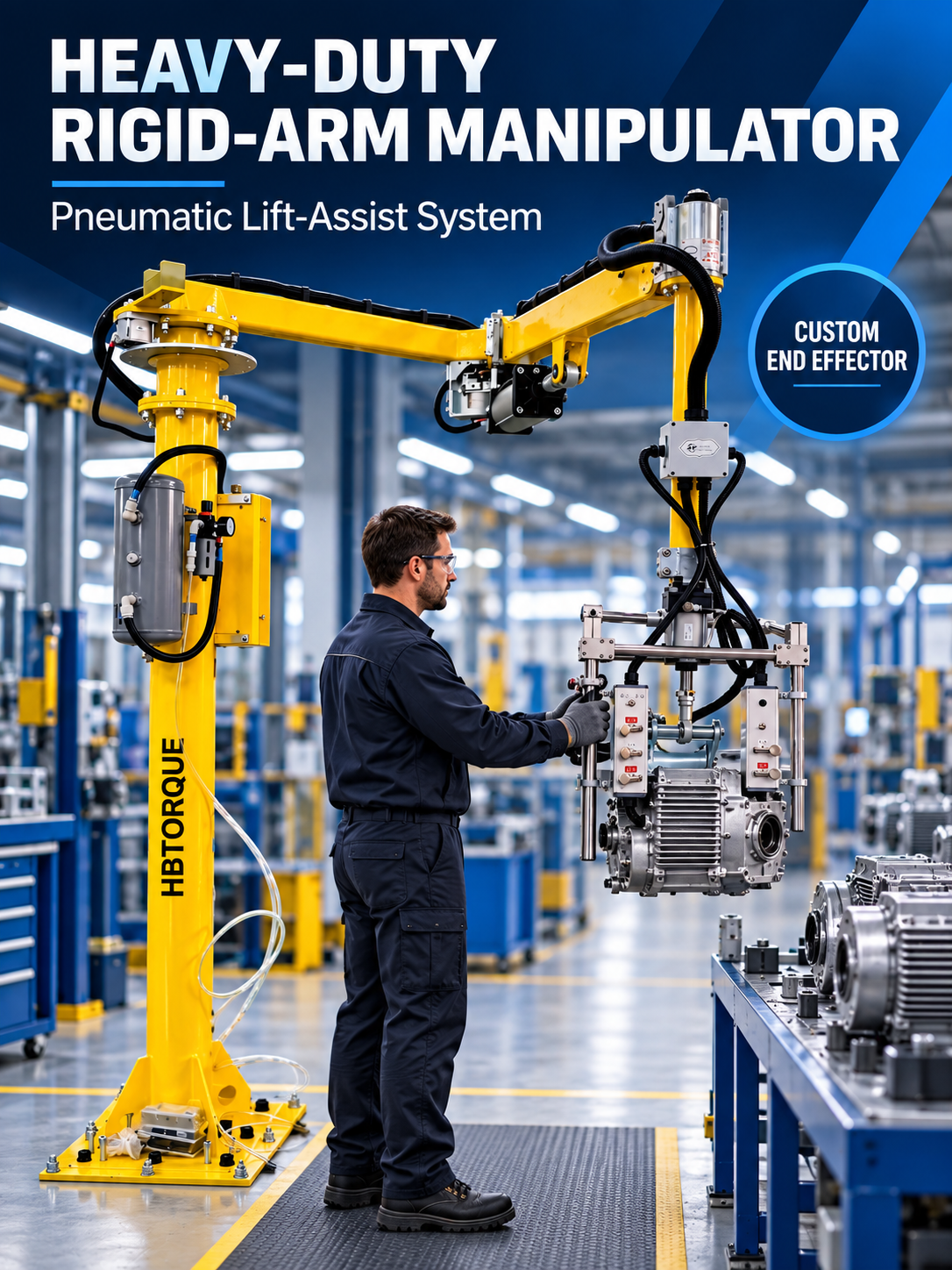 HB Torque heavy-duty rigid-arm pneumatic manipulator handling a powertrain component
