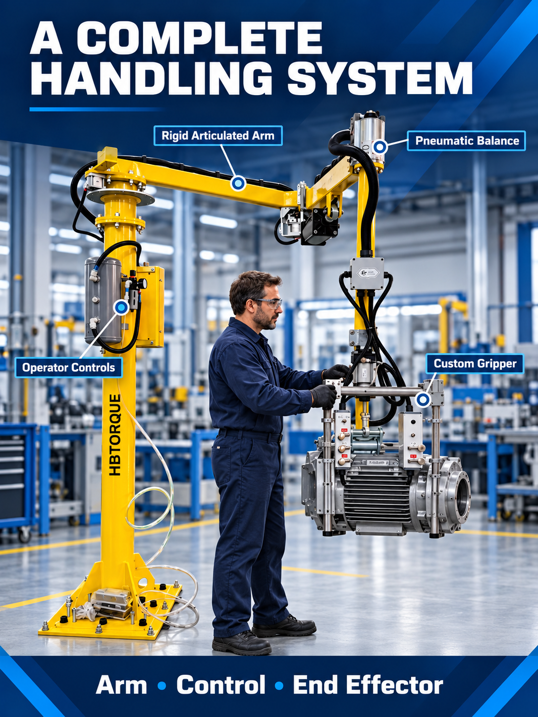 Complete rigid-arm handling system with pneumatic balance operator controls and custom gripper