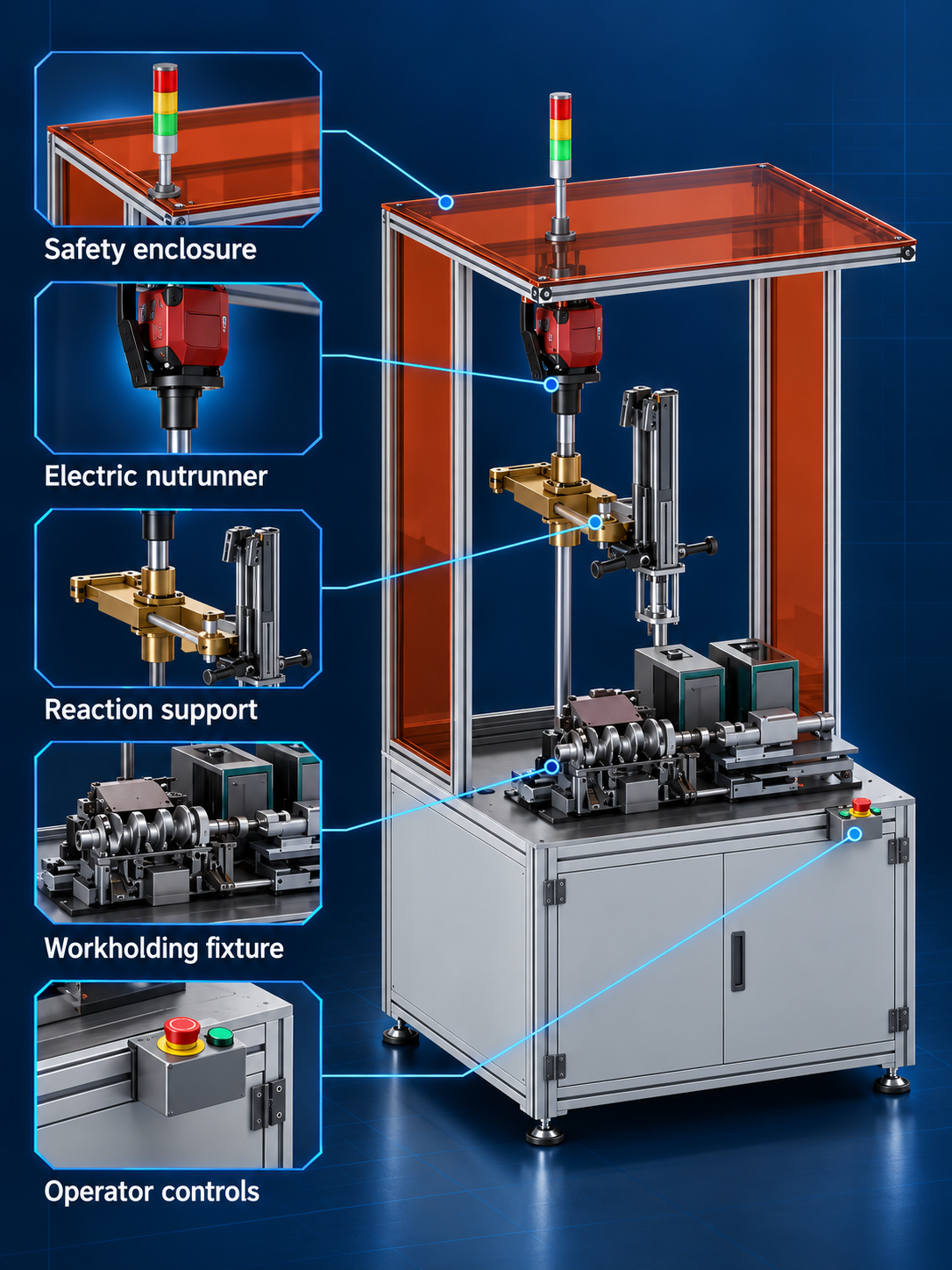 Manual tightening workstation safety enclosure nutrunner reaction support fixture and controls