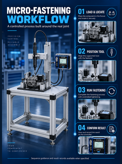 Micro-fastening workstation workflow from part loading through fastening result confirmation