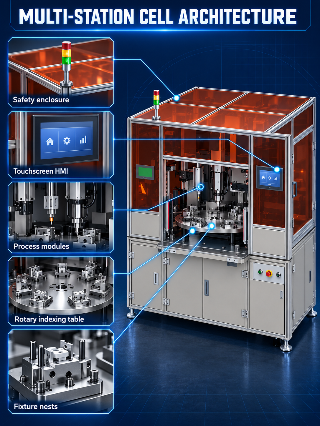 Rotary assembly cell indexing table fixture nests process modules safety enclosure and HMI