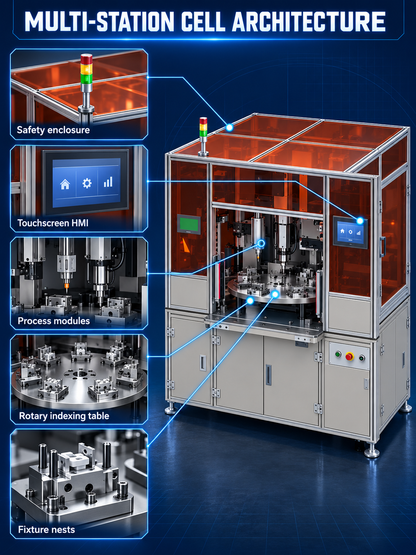 Rotary assembly cell indexing table fixture nests process modules safety enclosure and HMI