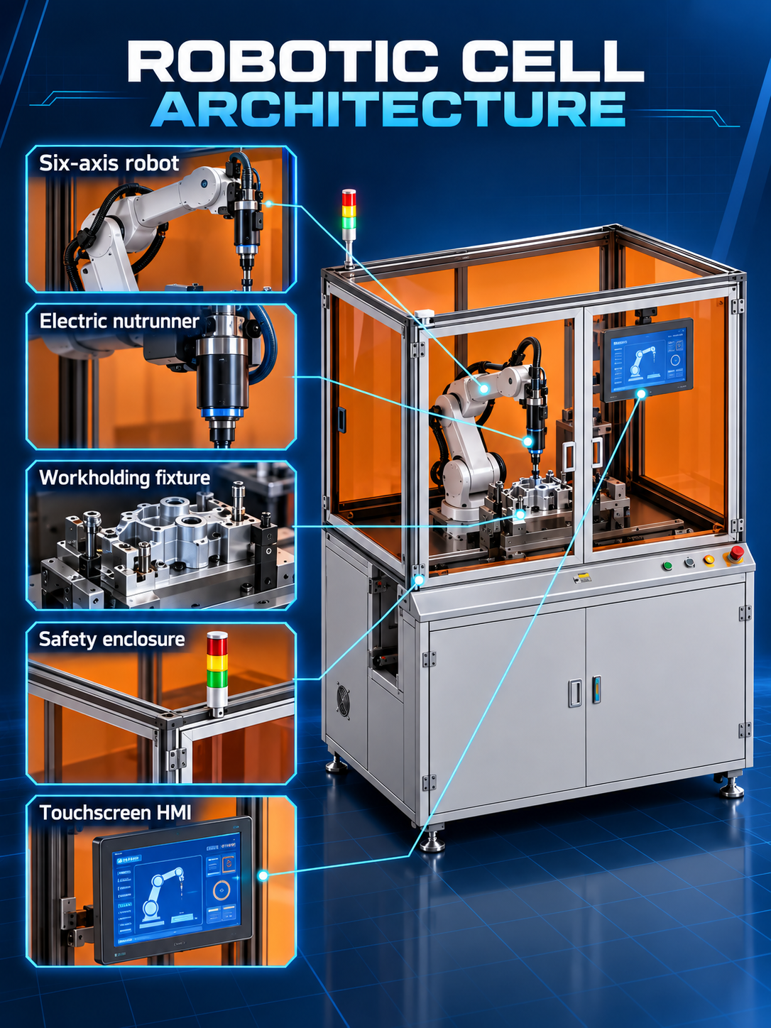 Robotic tightening cell six axis robot electric nutrunner fixture enclosure and HMI