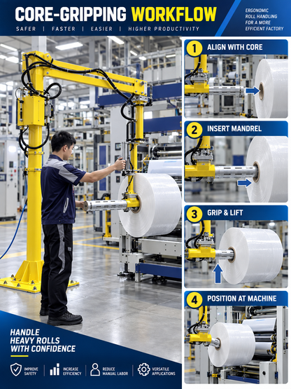 Core gripping workflow for aligning inserting lifting and positioning industrial rolls
