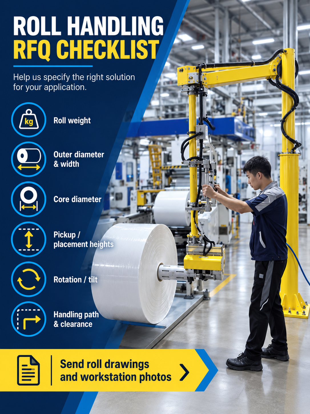 Roll handling manipulator RFQ checklist for roll dimensions core diameter orientation and handling path