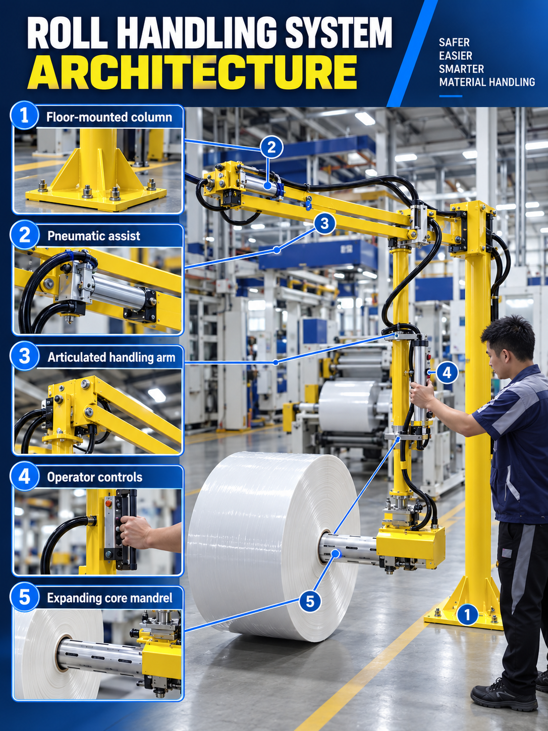 Roll handling manipulator architecture with floor column pneumatic assist articulated arm controls and expanding core mandrel