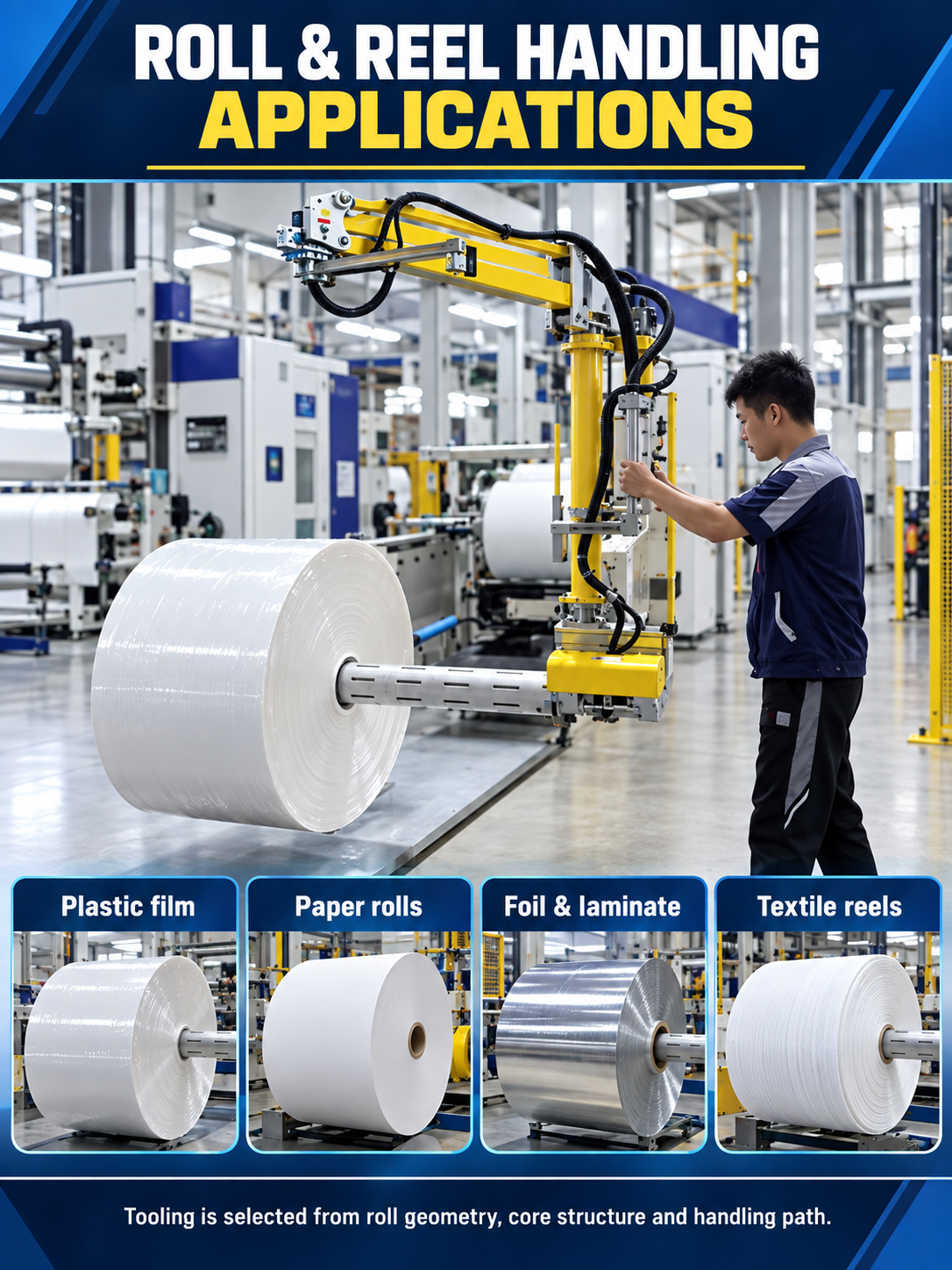 Roll and reel handling applications for plastic film paper foil laminate and textile reels