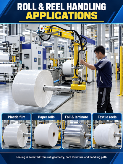 Roll and reel handling applications for plastic film paper foil laminate and textile reels