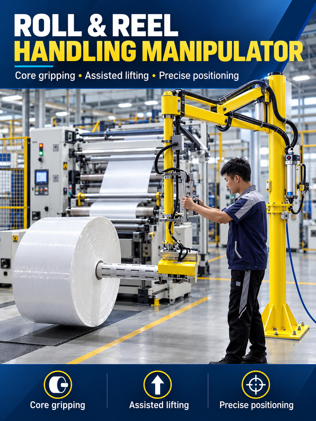 HB Torque roll and reel handling industrial manipulator with expanding core mandrel