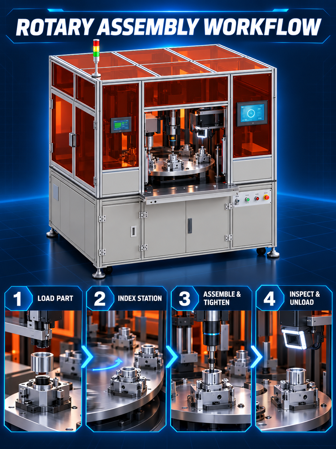 Rotary assembly workflow load index assemble tighten inspect and unload
