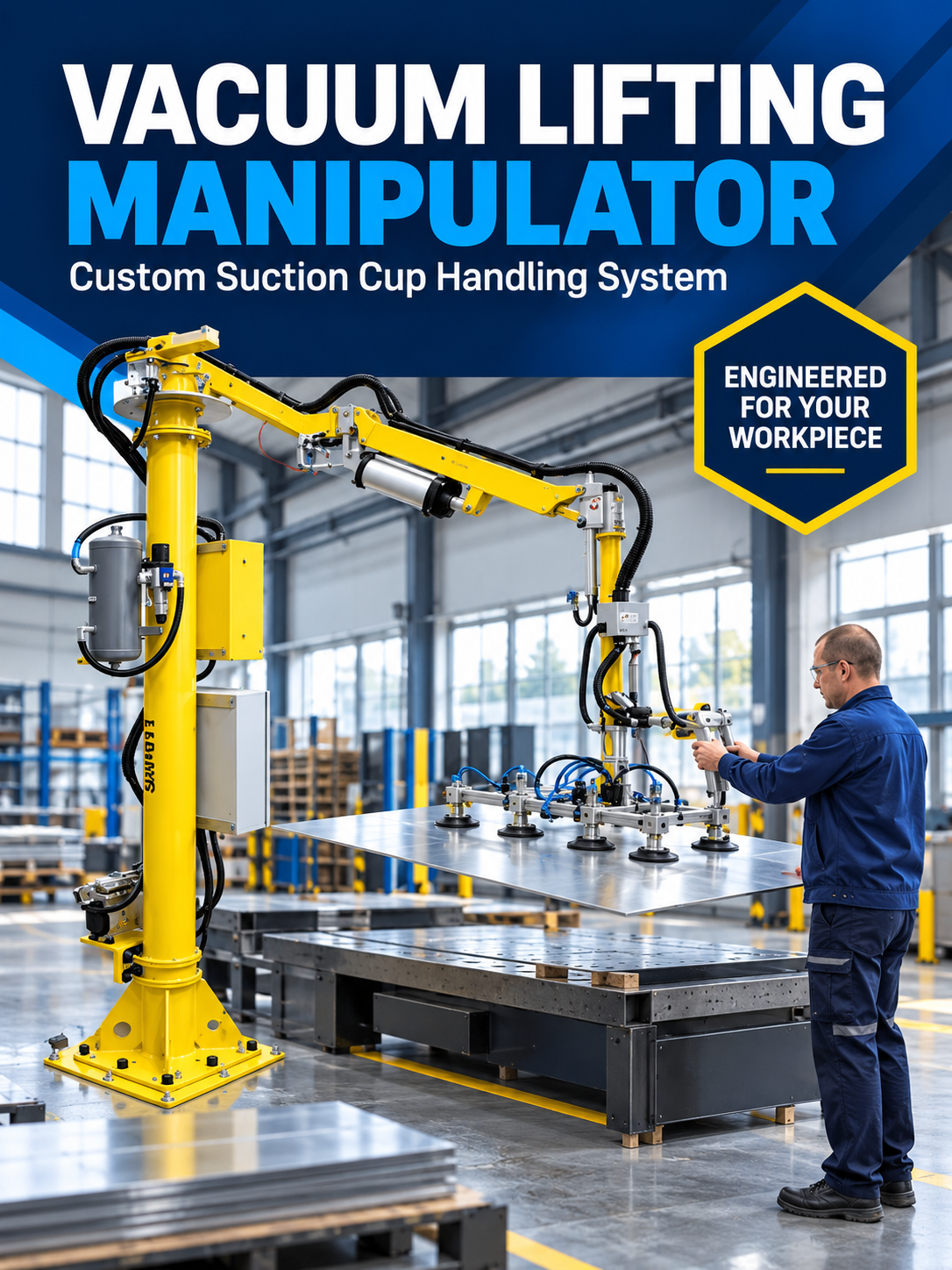 HB Torque vacuum lifting industrial manipulator handling a smooth metal panel