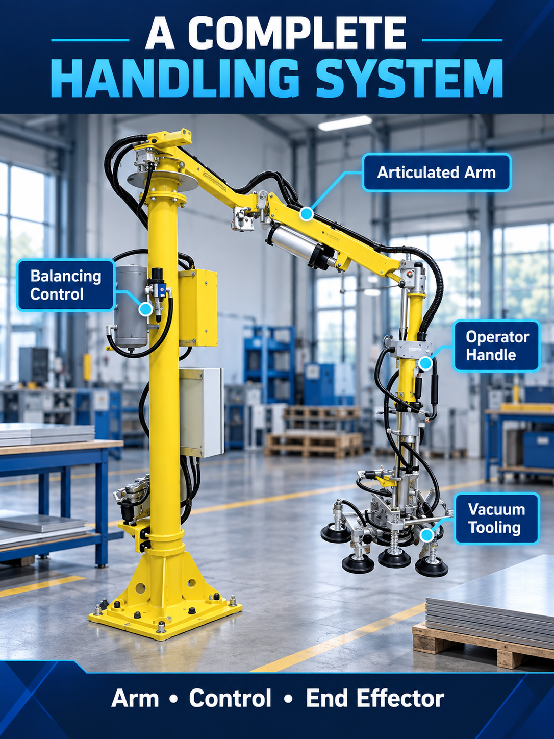 Complete vacuum manipulator system with articulated arm controls and suction tooling