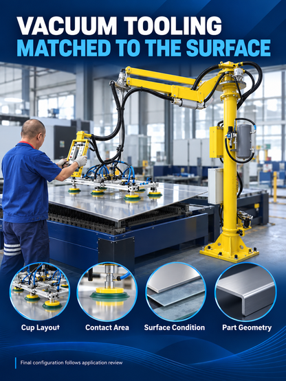 Custom suction cup layout matched to workpiece surface and geometry