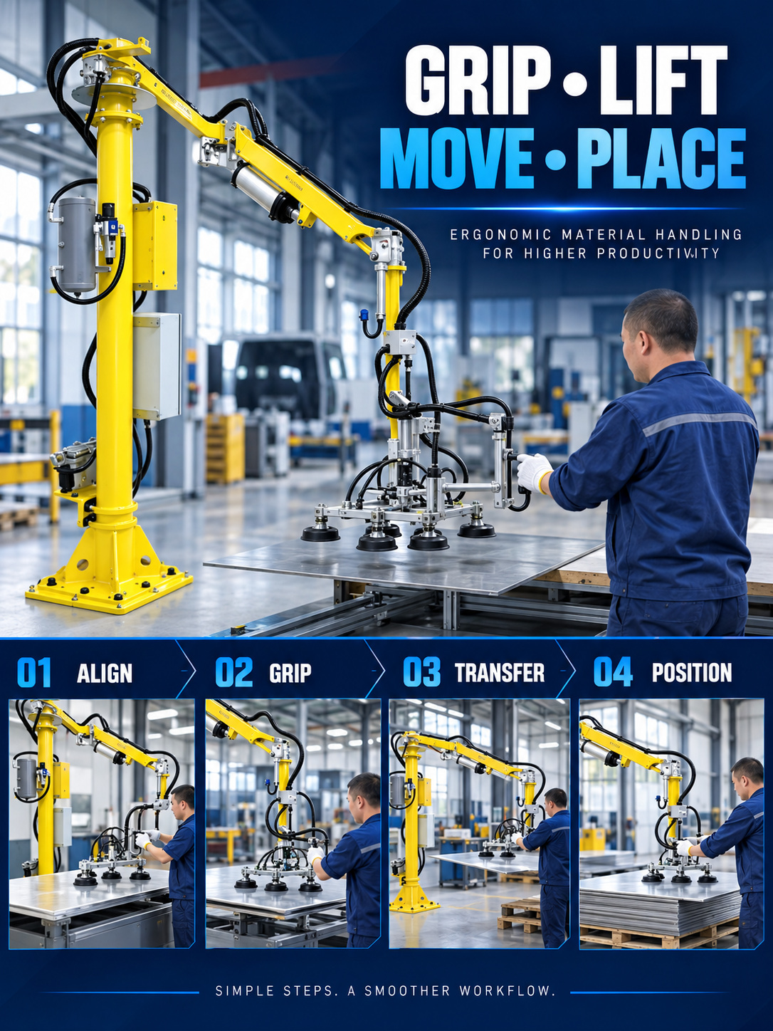 Vacuum lifting workflow from cup alignment through transfer and placement
