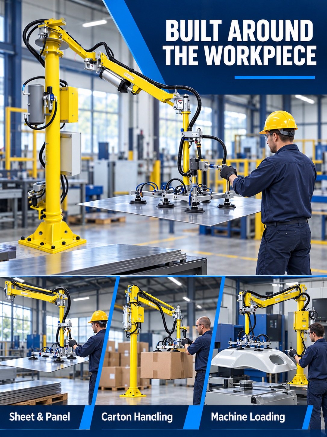 Vacuum manipulator applications for panels cartons and machine loading