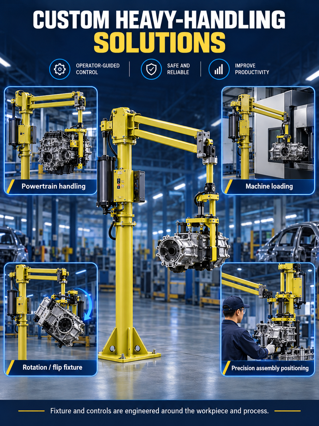 YF hard-arm custom solutions for powertrain handling machine loading flipping and precision assembly