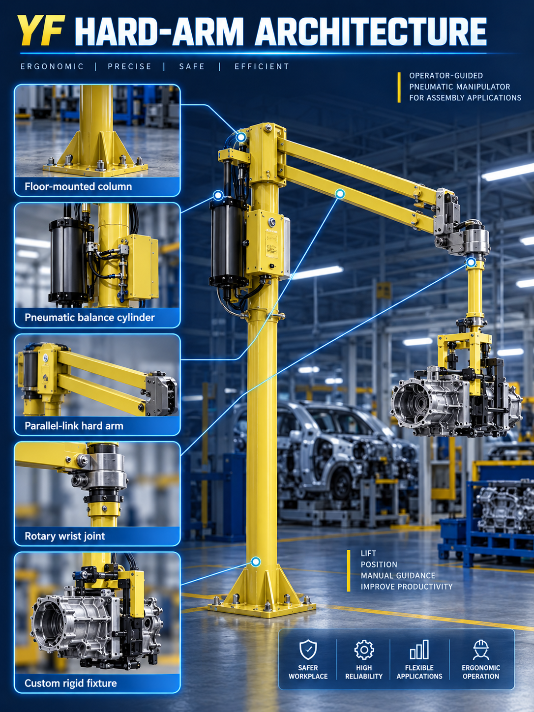 YF hard-arm manipulator architecture with floor column pneumatic balance cylinder parallel-link arm rotary wrist and rigid fixture