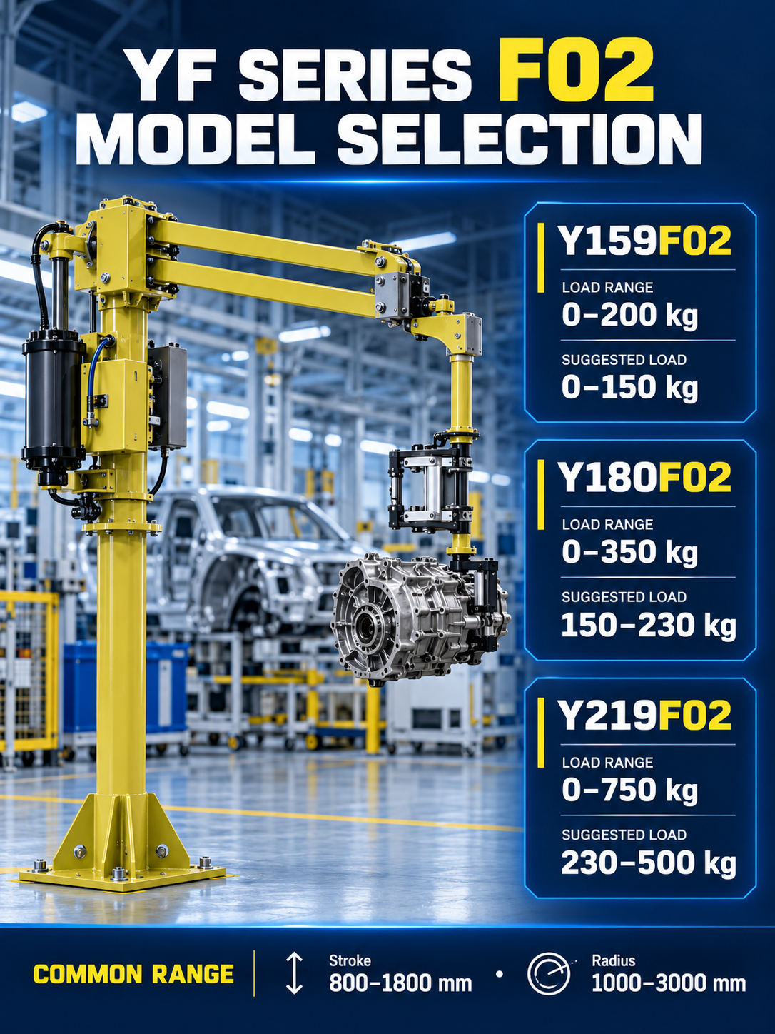YF Series F02 model selection for Y159F02 Y180F02 and Y219F02 hard-arm manipulators