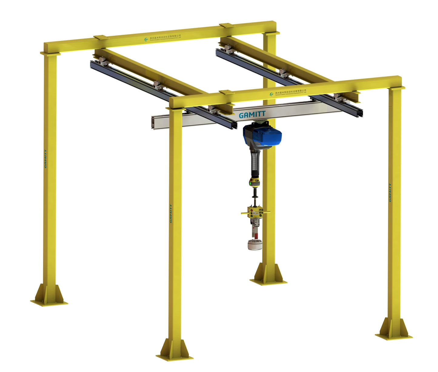 HUABOW freestanding aluminum enclosed track crane with smart hoist for flexible workstation assembly.