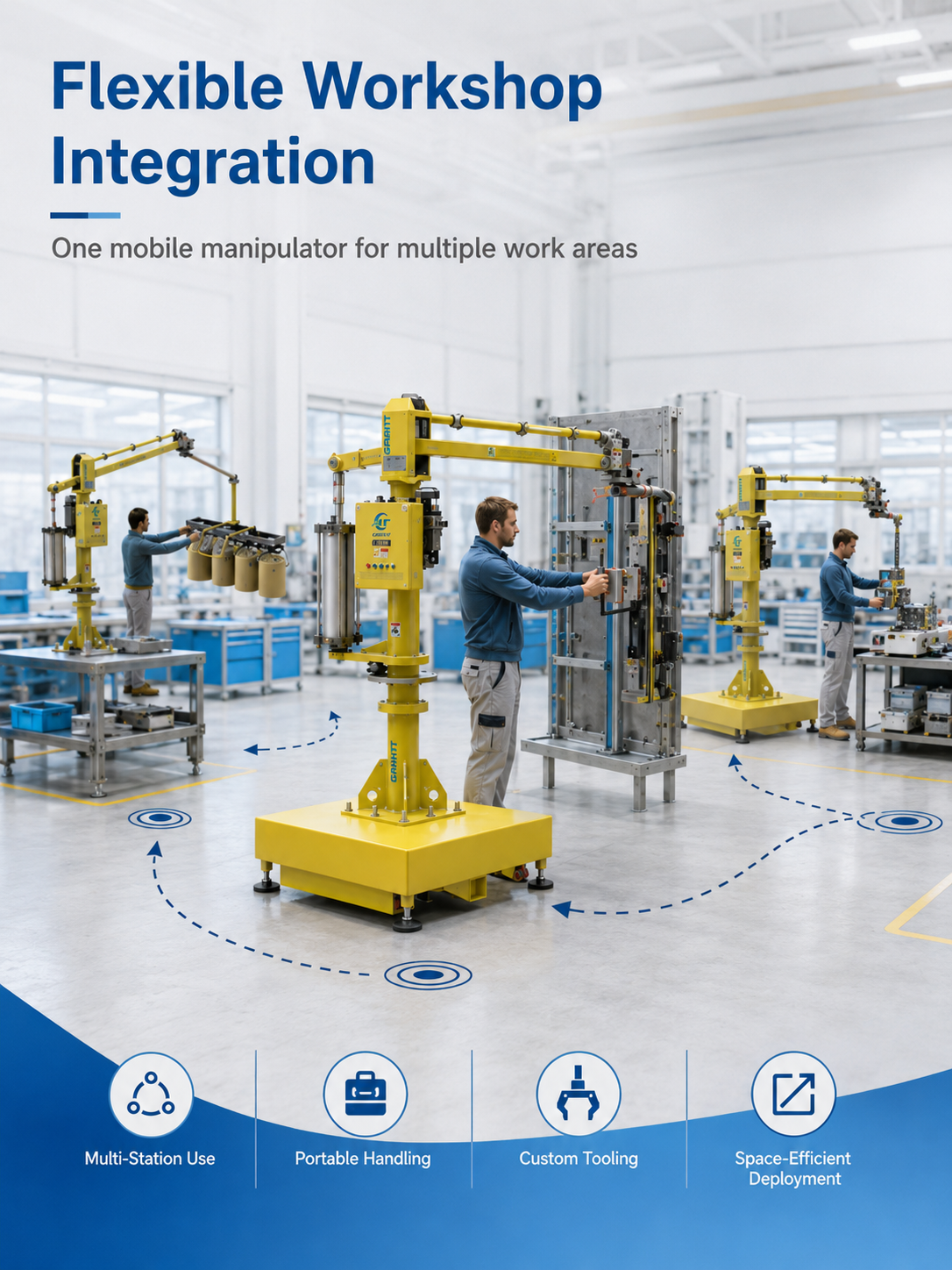 M Series mobile industrial manipulator flexible workshop integration for multiple work areas