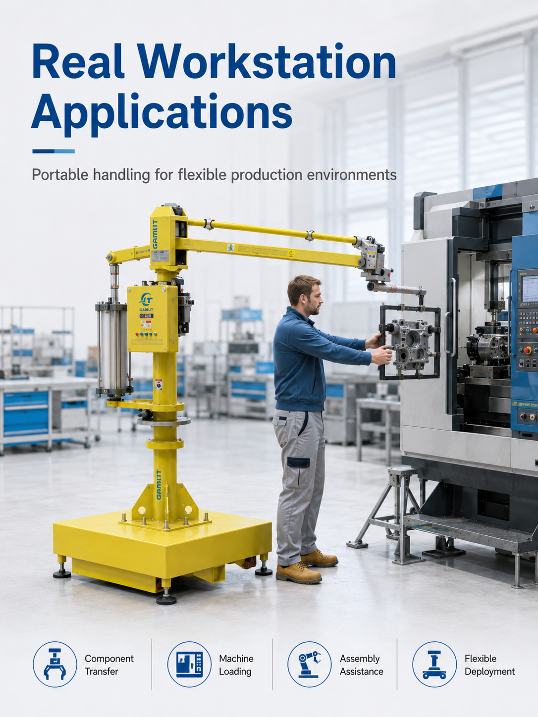 M Series mobile industrial manipulator for component transfer machine loading and assembly assistance