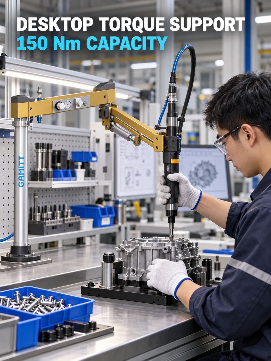 PRA-150 reaction arm supporting industrial nutrunner at bench station