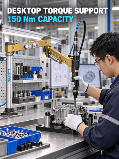 PRA-150 reaction arm supporting industrial nutrunner at bench station
