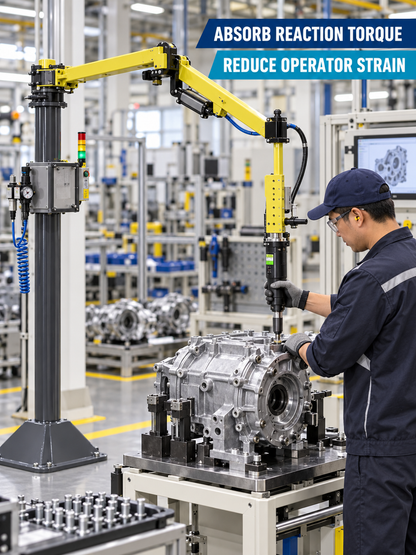 PRA reaction arm supporting an industrial nutrunner during gearbox tightening