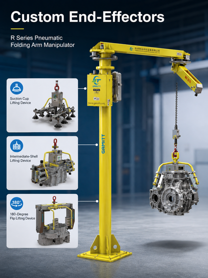 R Series pneumatic folding arm manipulator custom suction cup shell lifting and 180 degree flip end effectors