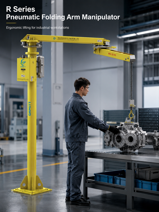 R Series pneumatic folding arm manipulator hero image in industrial workstation