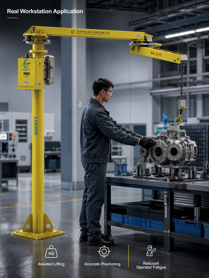 R Series pneumatic folding arm manipulator real workstation application for assisted lifting and positioning