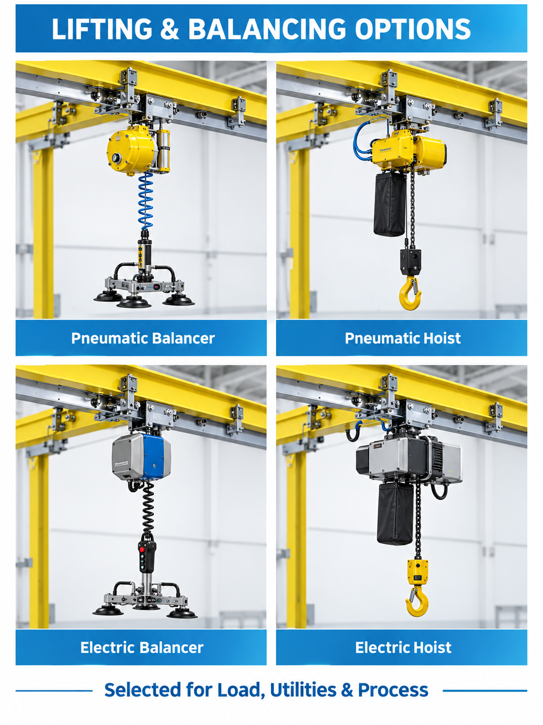 S Series pneumatic and electric balancer and hoist options