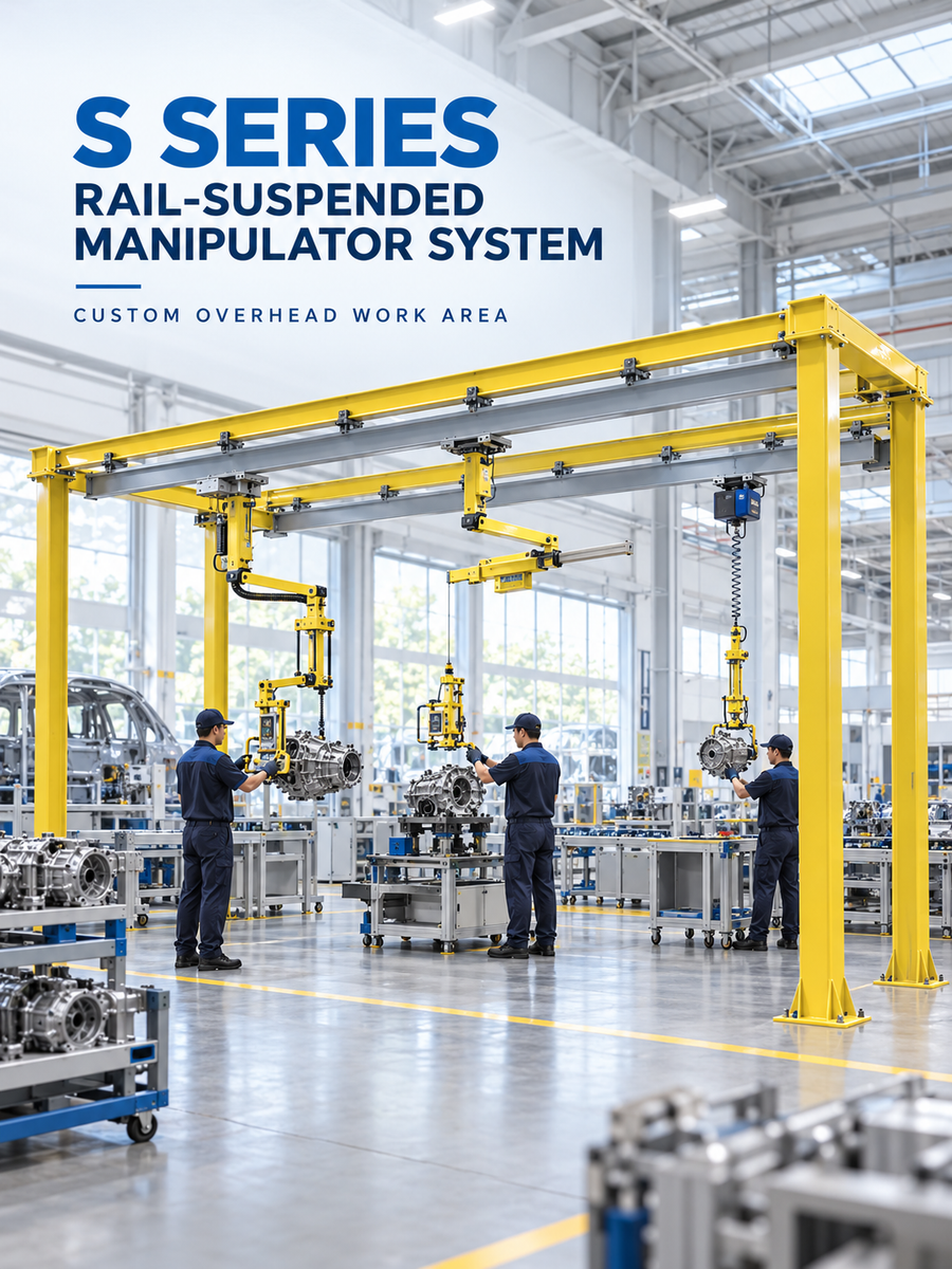 S Series rail-suspended industrial manipulator system covering multiple workstations