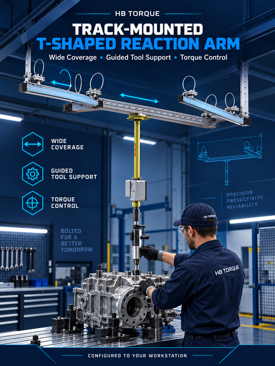 HB Torque track-mounted T-shaped torque reaction arm supporting an industrial nutrunner
