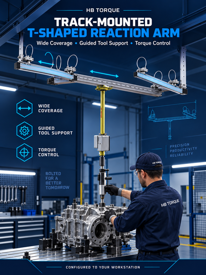 HB Torque track-mounted T-shaped torque reaction arm supporting an industrial nutrunner