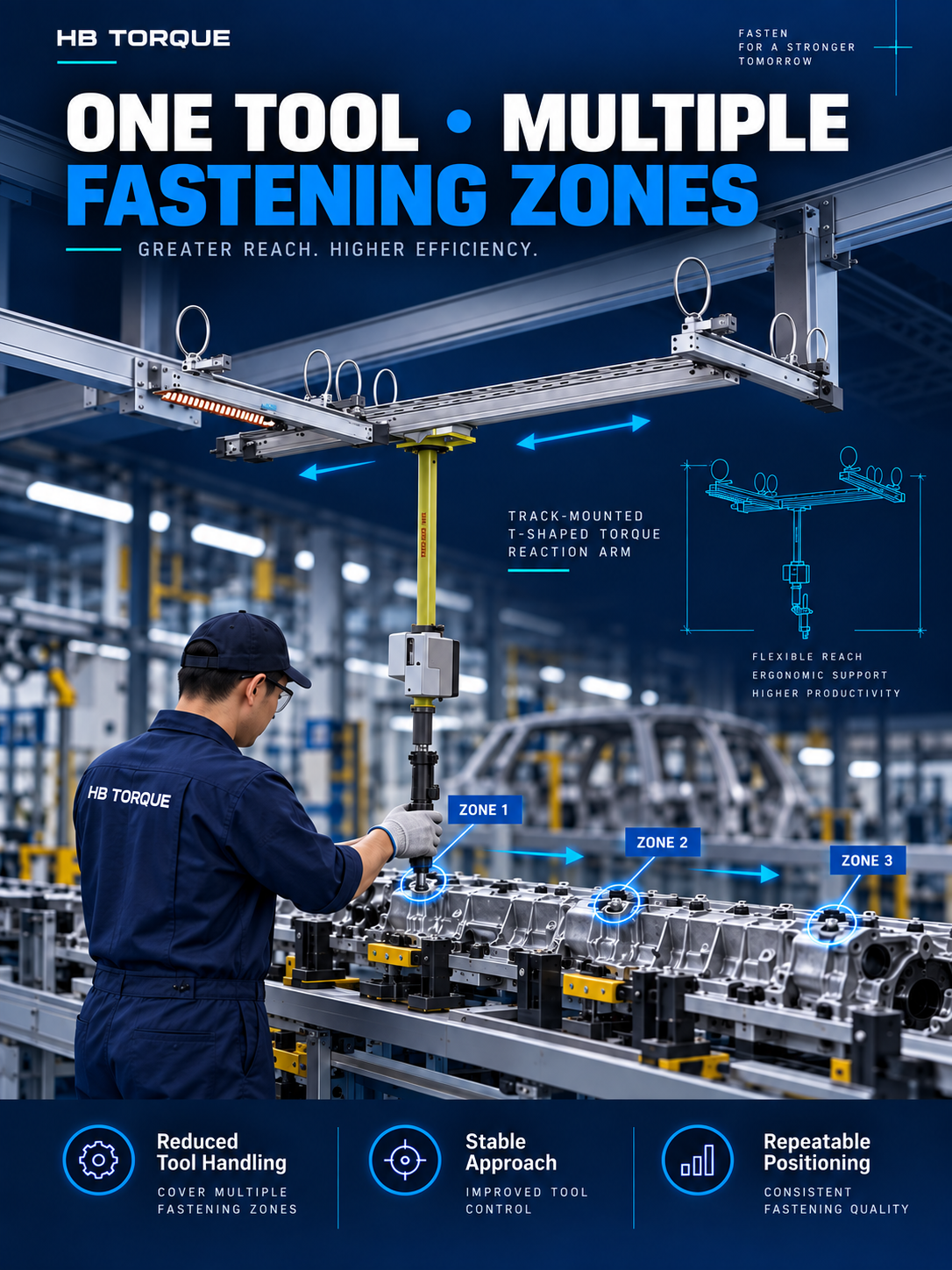 Operator using a track-mounted reaction arm across multiple fastening zones