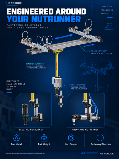 Electric and pneumatic nutrunner integration for T-shaped track reaction arm