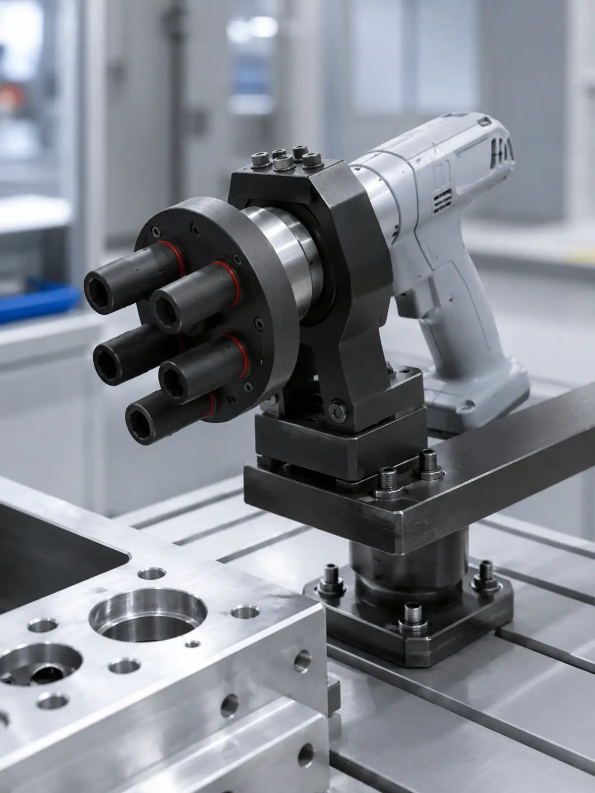 YEBO B014 circular multi-spindle pre-tightening head with parallel sockets on a mechanically clamped customer-owned tightening tool