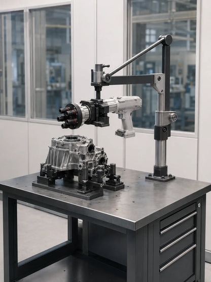 YEBO B014 pre-tightening tool workstation with rigid torque arm, multi-spindle head, mechanical clamp and gearbox fixture